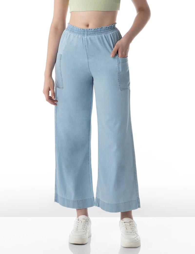 inkd Women's Wide Leg Jeans - High-Rise | 100% Cotton| Enzyme Wash | Elasticated Waistband